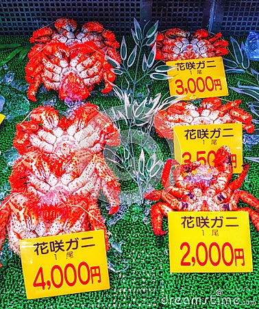 Japanese crabs in morning market at Hakodate, Japan Stock Photo