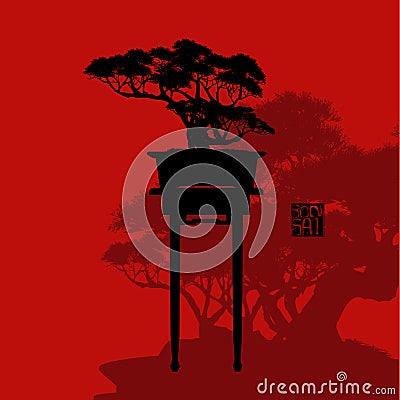 Bonsai tree, black silhouette of bonsai, Detailed image on red background, Vector illustration, Vector Illustration