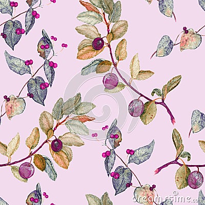 Japanese Honeysuckle and wild plum leaves and ripe berries close up branch, hand painted watercolor illustration, seamless pattern Cartoon Illustration