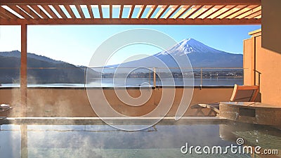 Japanese hot spring with view of the mountain Fuji Stock Photo