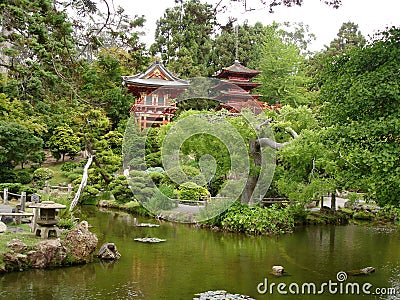 Japanese house and garden with lake Stock Photo