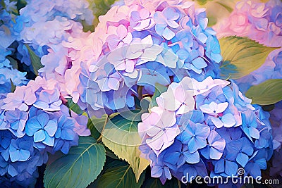 Japanese Hydrangea rainy season in summer. After rain. A garden full of blooming Ajisai in the middle of mountain Stock Photo