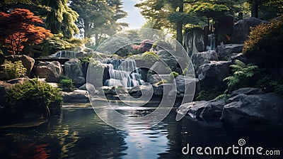 Japanese-inspired 3d Waterfall Landscape: Unreal Engine 5 Rendering Stock Photo