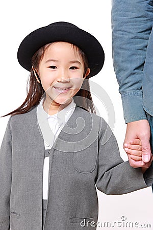 Japanese kindergartener walking to kindergarten wi Stock Photo