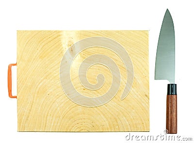Japanese kitchen deba knife and wood butcher block countertop Stock Photo