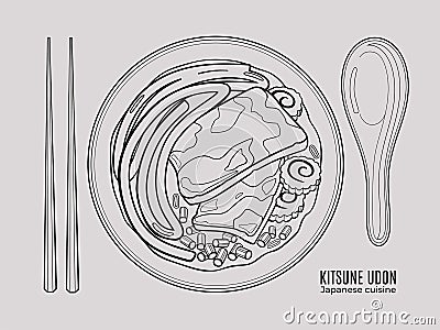 Japanese Kitsune udon soup. Top view outline doodle style illustration Cartoon Illustration