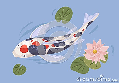 Japanese koi fish in Asian garden pond with leaf and lotus flower. Chinese decorative zen carp swimming in water. Above Vector Illustration