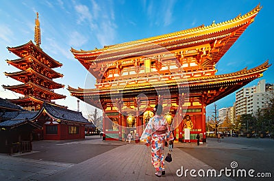 Japanese lady in Kimono dress walking in Sensoji Temple Stock Photo