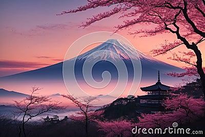 Japanese Landscape Fuji Mount illustration. AI generated Cartoon Illustration