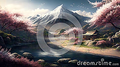 Japanese landscape in spring, view of mount Fuji and blooming sakura, illustration, generative AI Cartoon Illustration