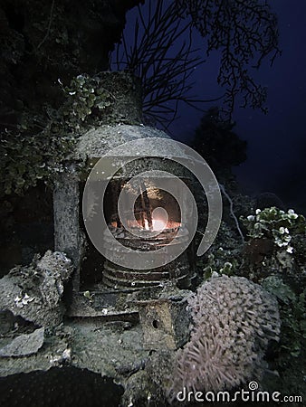 Japanese lantern on an Imperial Japanese Navy cargo ship sunk at Truk Lagoon Stock Photo
