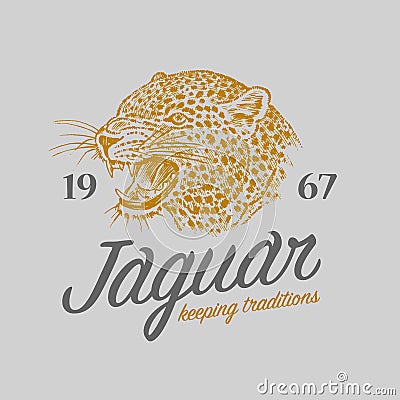 Japanese leopard logo. Asian cat. Grunge label print. Angry roar of a predator. Badge or emblem Engraved hand drawn old Vector Illustration