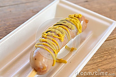 Japanese local sausage with mustard Stock Photo