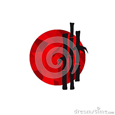 Japanese logo with black bamboo silhouette on red low poly circle Vector Illustration