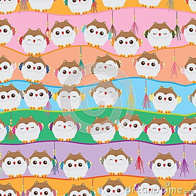 Japanese lucky owl stand line seamless pattern Vector Illustration