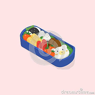 Japanese lunch box, bento. Funny cartoon food. Isometric colorful vector illustration on pink background. Vector Illustration