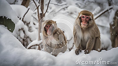 Japanese macaques (Macaca fuscata) sitting on the snow Stock Photo