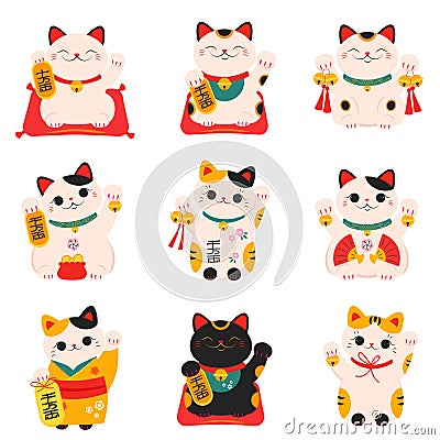 Japanese Maneki Neko Cats Collection, Traditional White Lucky Cat Doll Cartoon Style Vector Illustration Vector Illustration