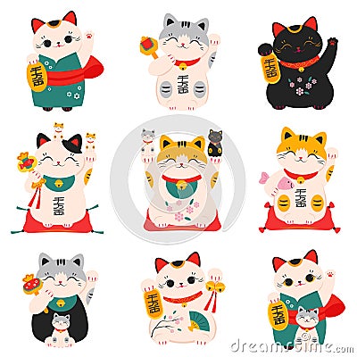 Japanese Maneki Neko Cats Collection, Traditional White Lucky Cat Doll, Symbol of Good Luck and Wealth Cartoon Style Vector Illustration