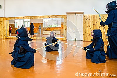 Japanese martial art of fighting the sword. School for children and adults. Editorial Stock Photo