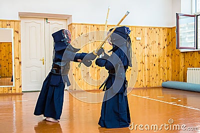 Japanese martial art of fighting the sword. School for children and adults. Editorial Stock Photo