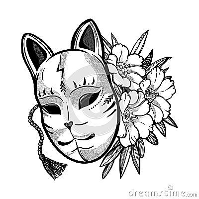 Japanese mask fox with flowers. Vector Illustration