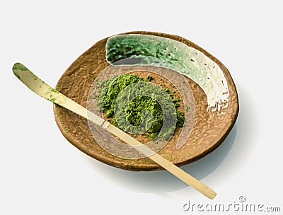 Matcha powder and chasaku bamboo spoon Stock Photo