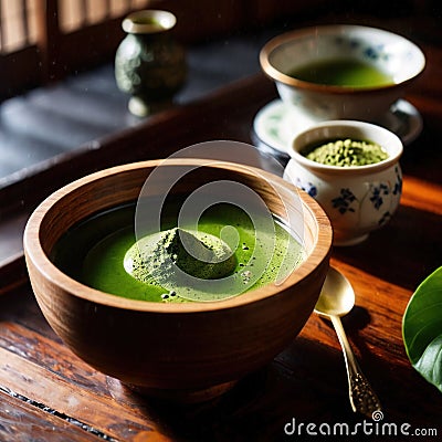 Japanese Matcha Tea, traditional Asian green tea, powdered and made with froth Stock Photo