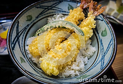 Japanese meal, Tendon. Tempura and Donburi. Stock Photo