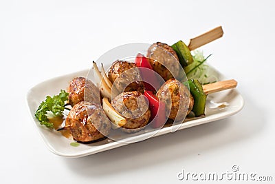 Japanese Meatball Kushiyaki, Skewered and Grilled Meat Stock Photo