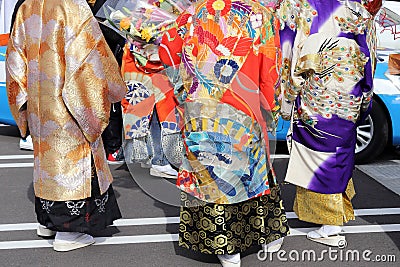 Japanese young men wearing traditional Kimono Stock Photo