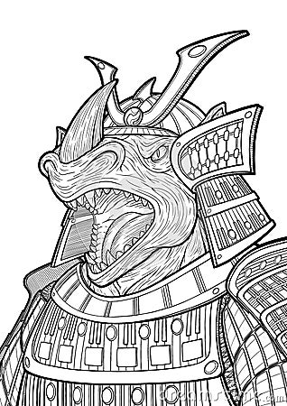 Japanese military character in close-up, a portrait of a Rhinoceros General with an open mouth in armor, a formidable commander Vector Illustration