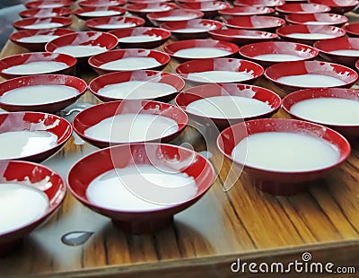 Japanese milk pudding in traditional porcelain bowls Stock Photo