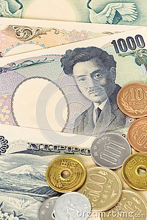 Japanese money yen banknote and coins Stock Photo