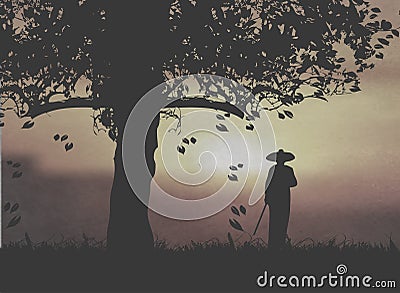 A Japanese Monk Soldier Holding The Katana Under The Sunset Stock Photo