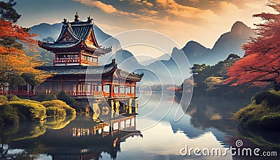 Japanese nature with lake and houses Stock Photo