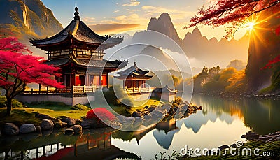 Japanese nature with lake and houses Stock Photo