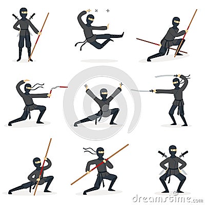 Japanese Ninja Assassin In Full Black Costume Performing Ninjitsu Martial Arts Postures With Different Weapons Set Of Vector Illustration