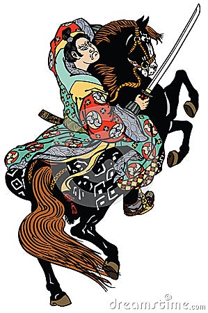 Japanese noble samurai horseman Vector Illustration