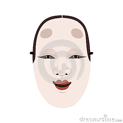 Japanese noh mask of female wakaonna face. Asian woman head with smile. Japan kabuki theater character for oriental Vector Illustration