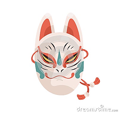 Japanese noh mask of Kitsune character. Asian Kabuki theater, traditional kitty animal head. Evil face of Japan cat Cartoon Illustration