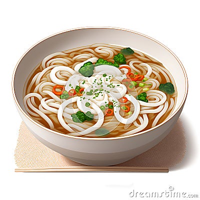 Japanese noodle dish KAKE-UDON. Udon noodles in a hot soup on white background Stock Photo