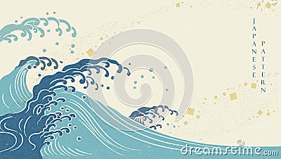 Japanese ocean background with grunge texture vector. Asian traditional banner design with hand drawn wave pattern in vintage Vector Illustration