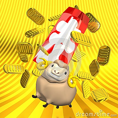 Japanese Old Coins And Sheep On Golden Background Cartoon Illustration