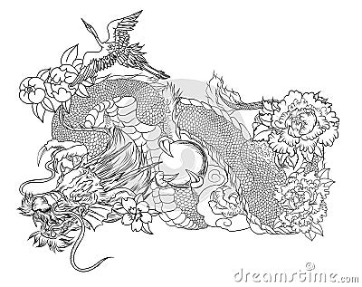 Japanese old dragon and heron tattoo.Hand drawn Dragon with peony flower,lotus,rose and chrysanthemum flower and water splash Vector Illustration