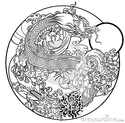 Japanese old dragon tattoo for arm.Hand drawn Dragon with peony flower, Vector Illustration