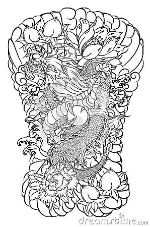 Japanese old dragon tattoo for arm.Hand drawn Dragon with peony flower,lotus,rose and chrysanthemum flower and water splash Vector Illustration