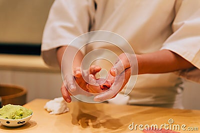 Japanese Omakase making Chutoro Sushi Medium Fatty Bluefin Tuna neatly by hands. Japanese traditional and luxury meal Stock Photo