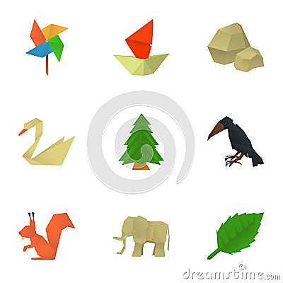 Japanese origami icons set, cartoon style Vector Illustration