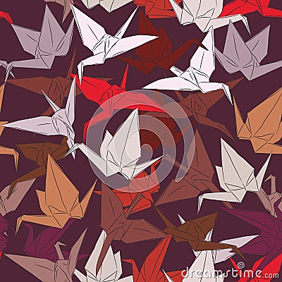 Japanese Origami paper cranes symbol of happiness, luck and longevity, sketch seamless pattern. purple orange red white pink on br Vector Illustration